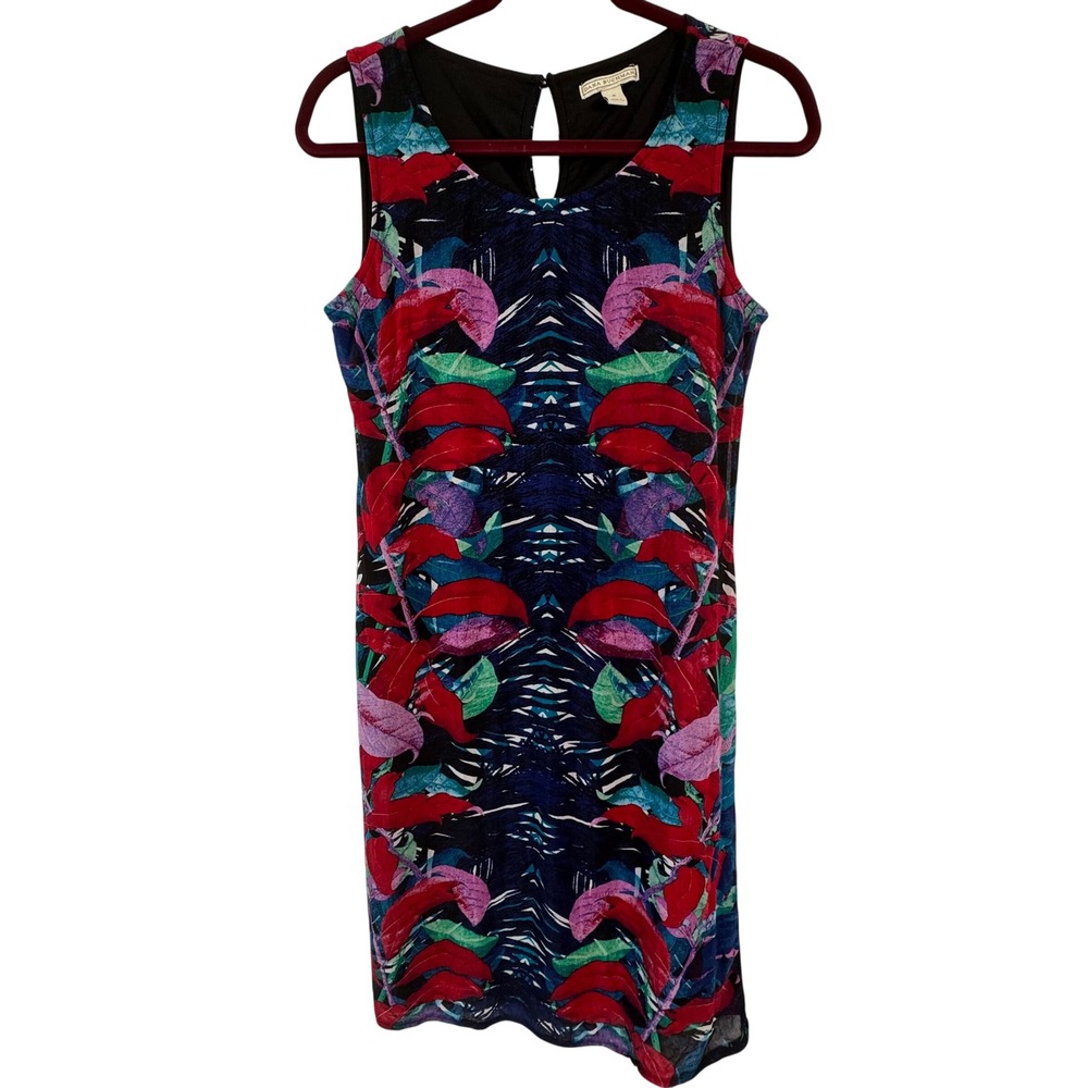 Dana Buchman Tropical Leaf Sheath Dress‎ Sleeveless Boho Resort Art To Wear S